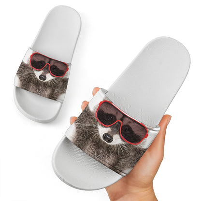 Funny Raccoon Print White Slide Sandals