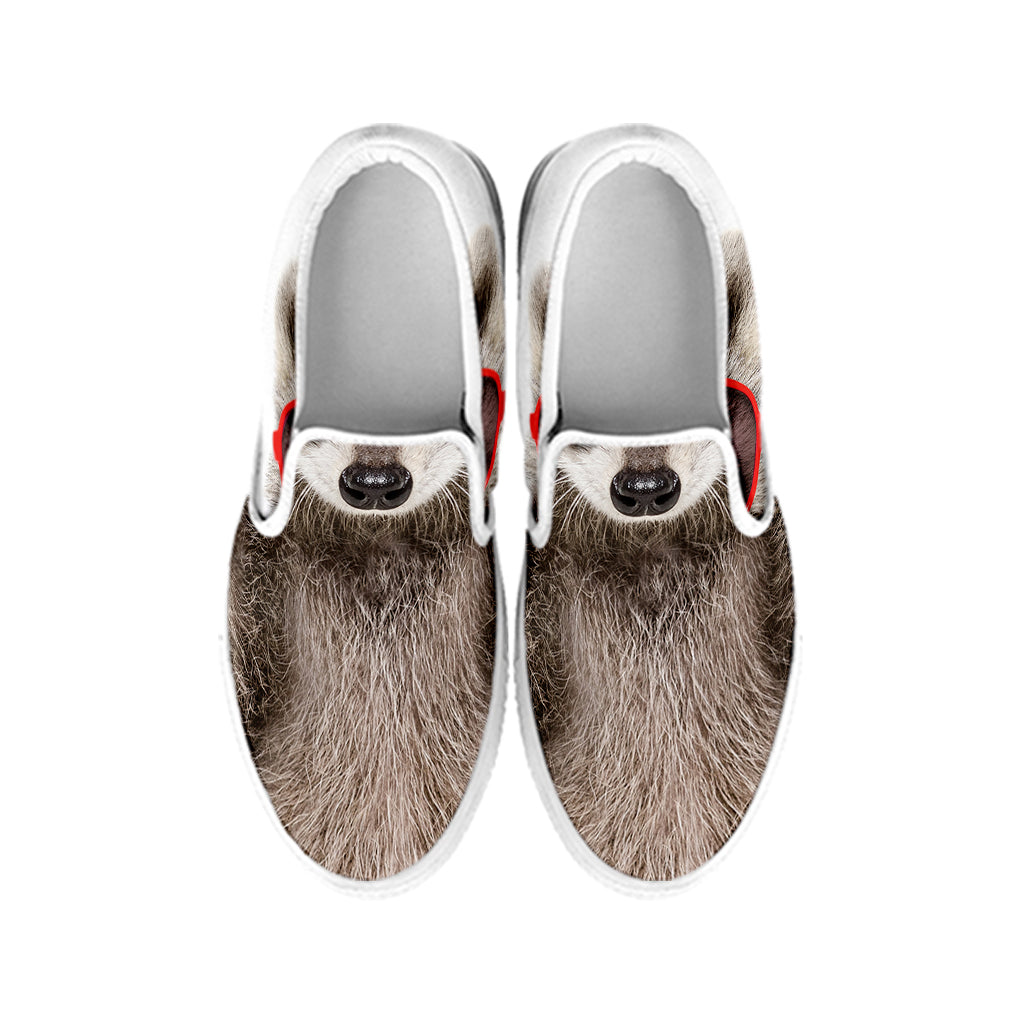 Funny Raccoon Print White Slip On Shoes