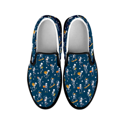 Funny Skeleton Party Pattern Print Black Slip On Shoes