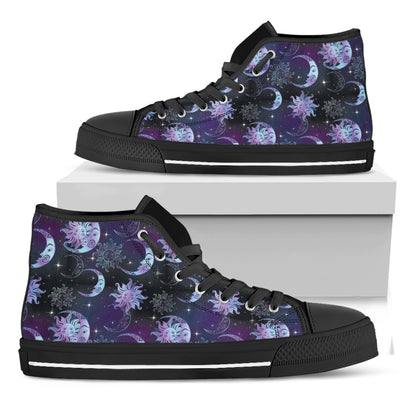 Galaxy Celestial Sun And Moon Print Black High Top Shoes