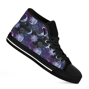 Galaxy Celestial Sun And Moon Print Black High Top Shoes