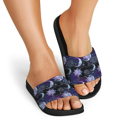 Galaxy Celestial Sun And Moon Print Black Slide Sandals