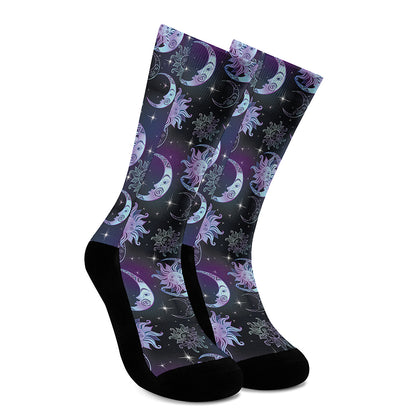 Galaxy Celestial Sun And Moon Print Crew Socks