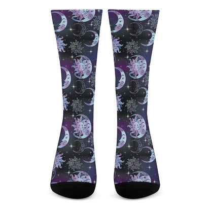 Galaxy Celestial Sun And Moon Print Crew Socks