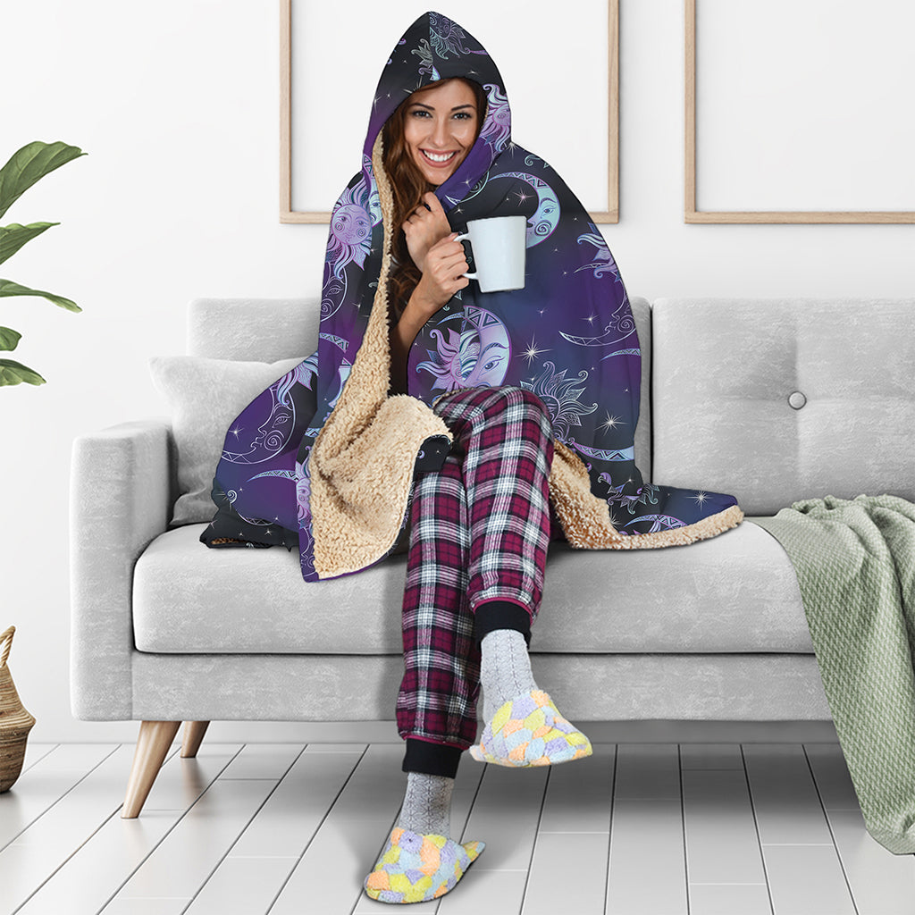 Galaxy Celestial Sun And Moon Print Hooded Blanket