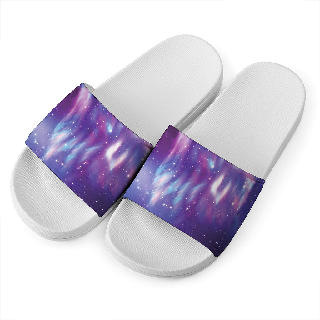 Galaxy Howling Wolf Spirit Print White Slide Sandals