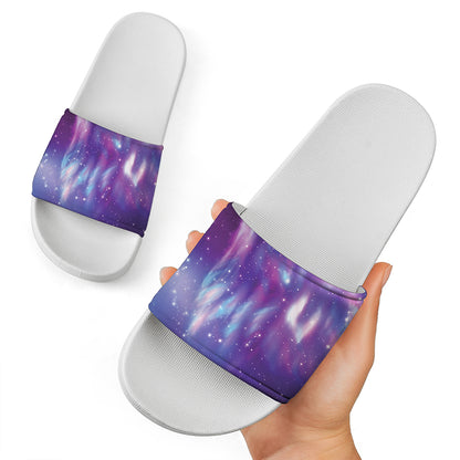 Galaxy Howling Wolf Spirit Print White Slide Sandals