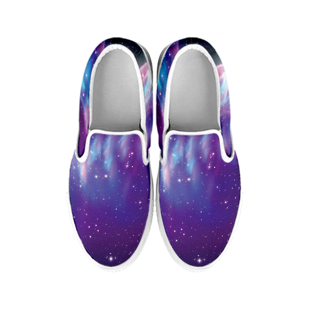 Galaxy Howling Wolf Spirit Print White Slip On Shoes