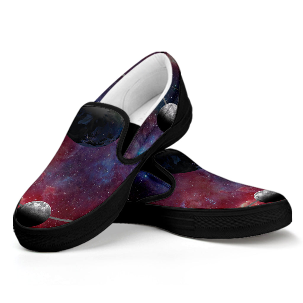 Galaxy Lunar Phase Print Black Slip On Shoes