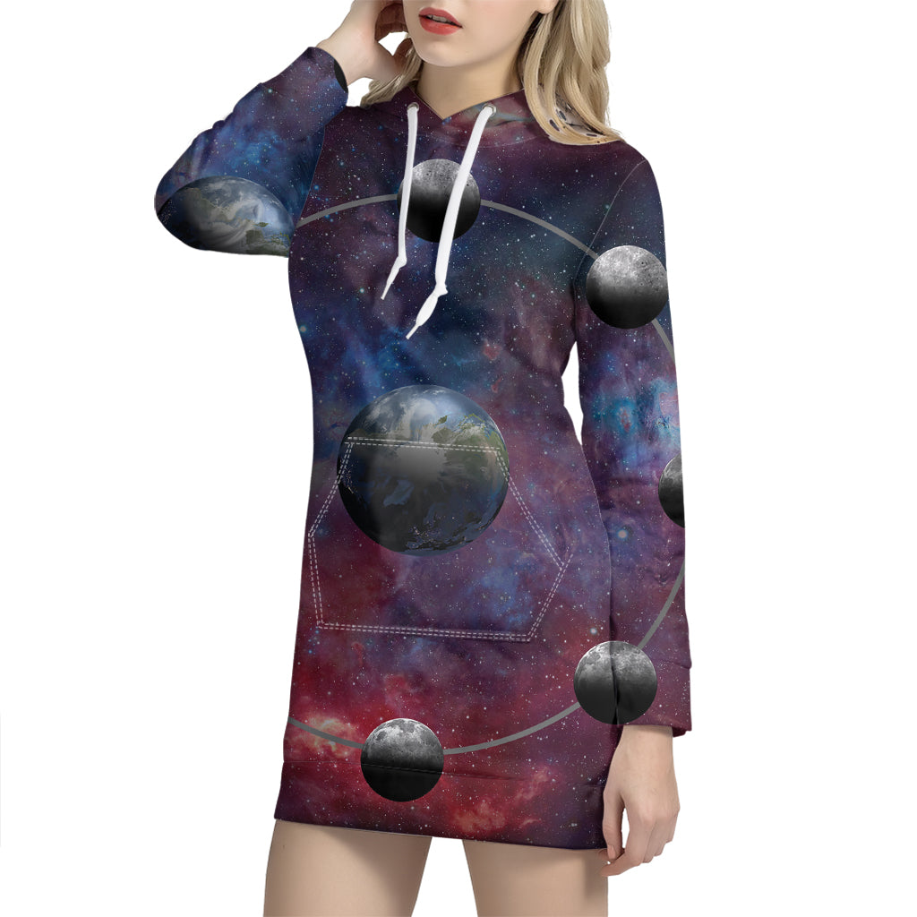 Galaxy Lunar Phase Print Pullover Hoodie Dress
