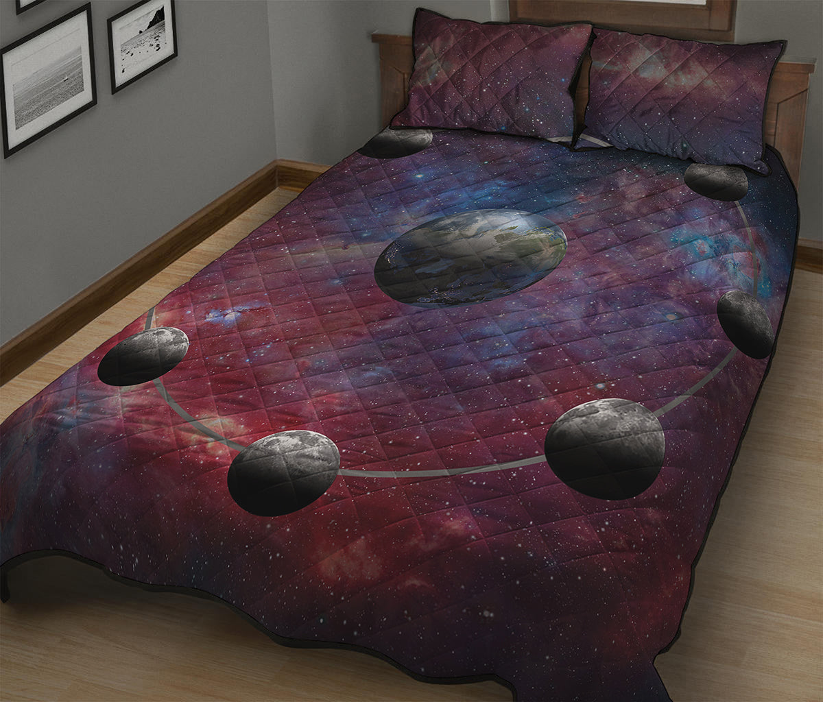 Galaxy Lunar Phase Print Quilt Bed Set