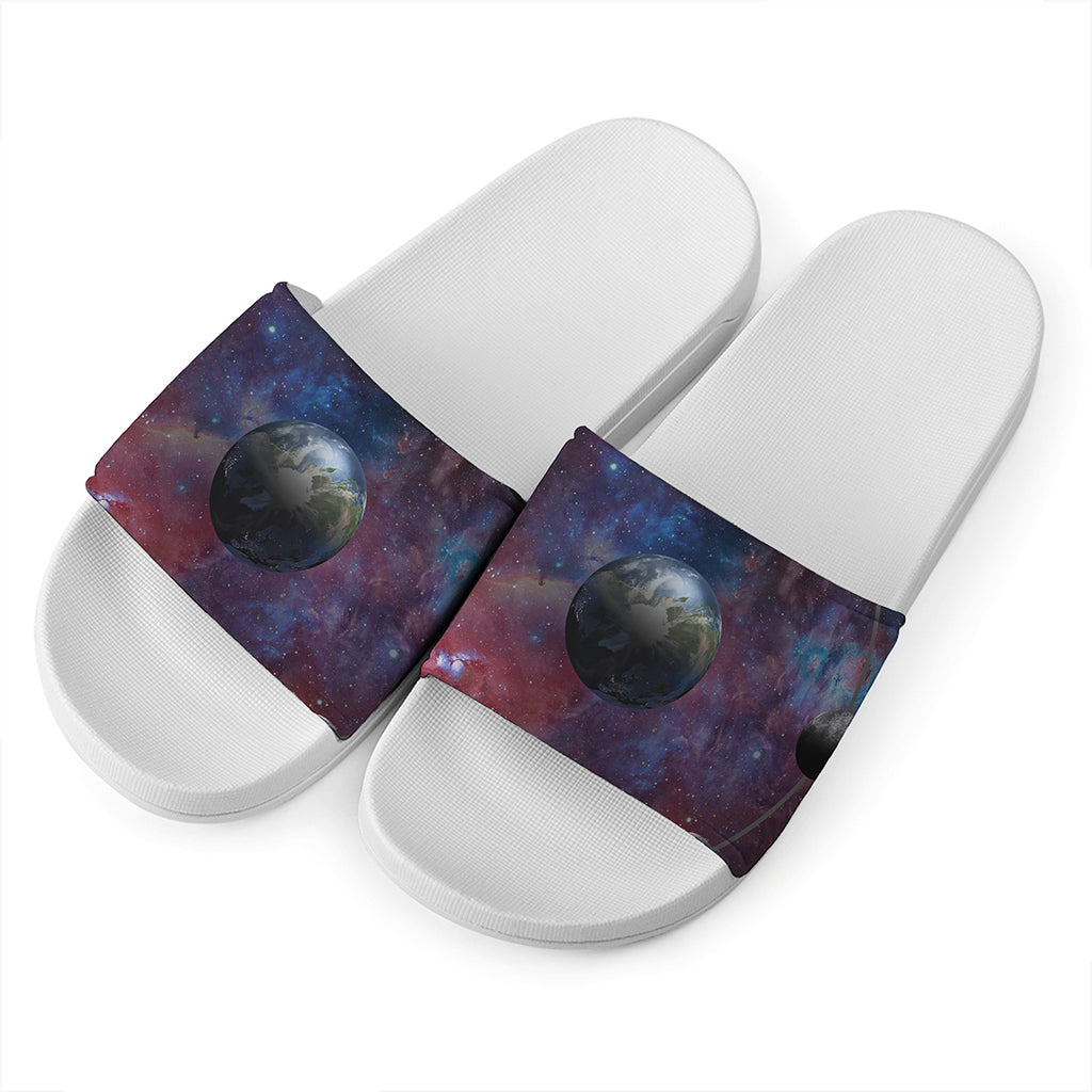 Galaxy Lunar Phase Print White Slide Sandals
