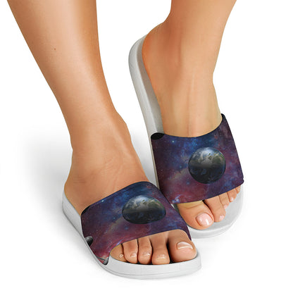 Galaxy Lunar Phase Print White Slide Sandals