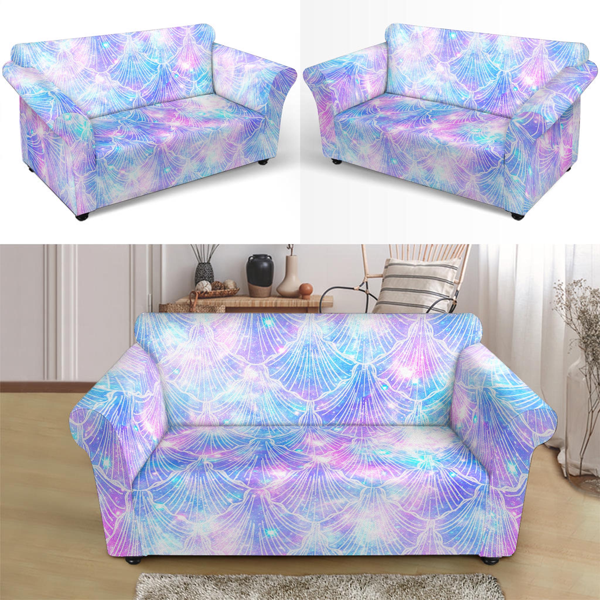 Galaxy Mermaid Scales Pattern Print Loveseat Slipcover