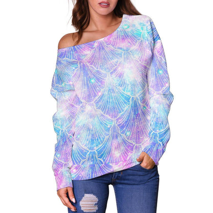 Galaxy Mermaid Scales Pattern Print Off Shoulder Sweatshirt GearFrost
