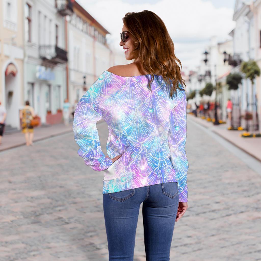 Galaxy Mermaid Scales Pattern Print Off Shoulder Sweatshirt GearFrost