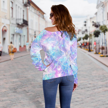 Galaxy Mermaid Scales Pattern Print Off Shoulder Sweatshirt GearFrost