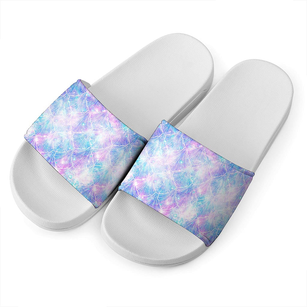 Galaxy Mermaid Scales Pattern Print White Slide Sandals