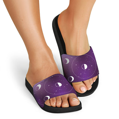 Galaxy Moon Phase Print Black Slide Sandals