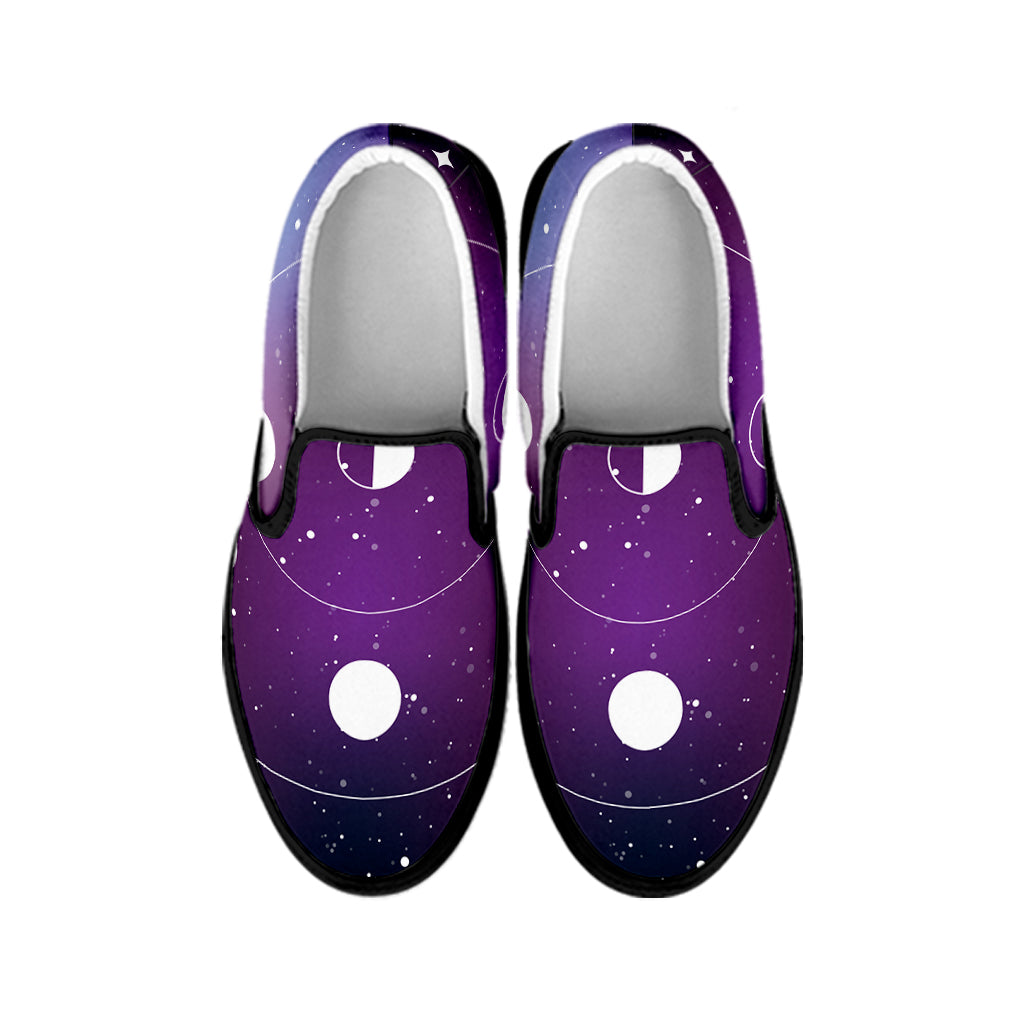 Galaxy Moon Phase Print Black Slip On Shoes