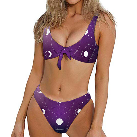 Galaxy Moon Phase Print Front Bow Tie Bikini