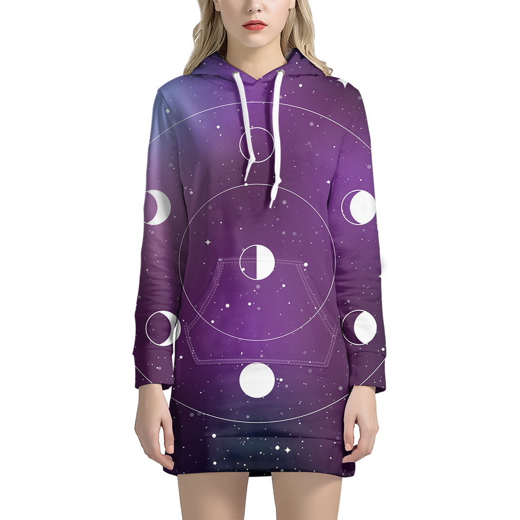 Galaxy Moon Phase Print Pullover Hoodie Dress