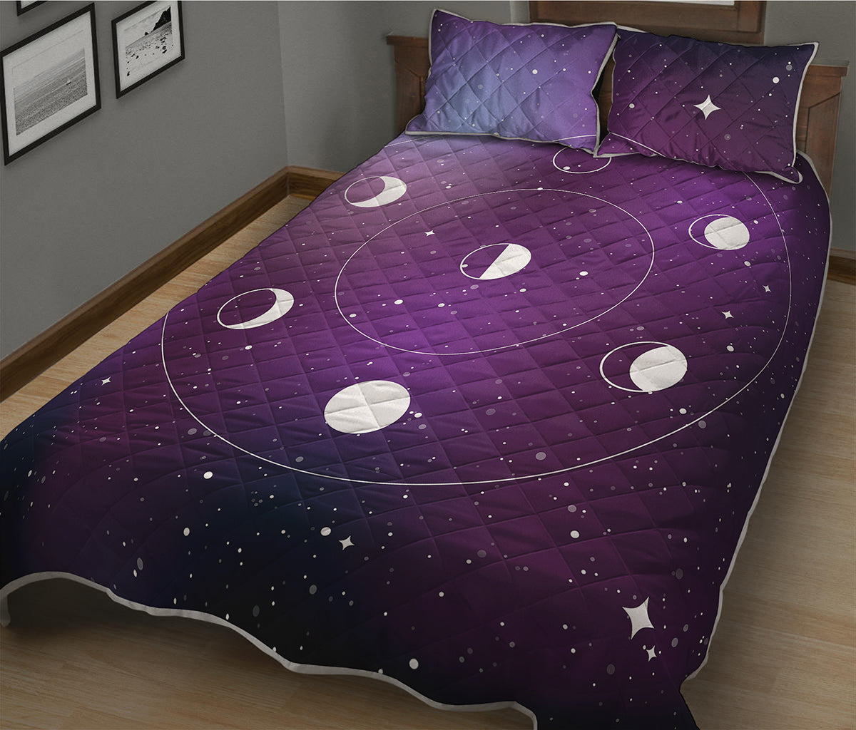 Galaxy Moon Phase Print Quilt Bed Set