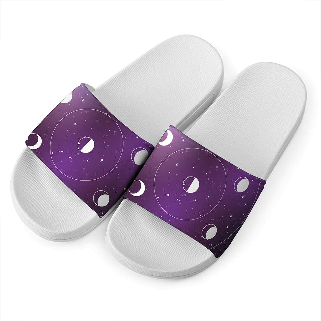 Galaxy Moon Phase Print White Slide Sandals