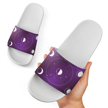Galaxy Moon Phase Print White Slide Sandals