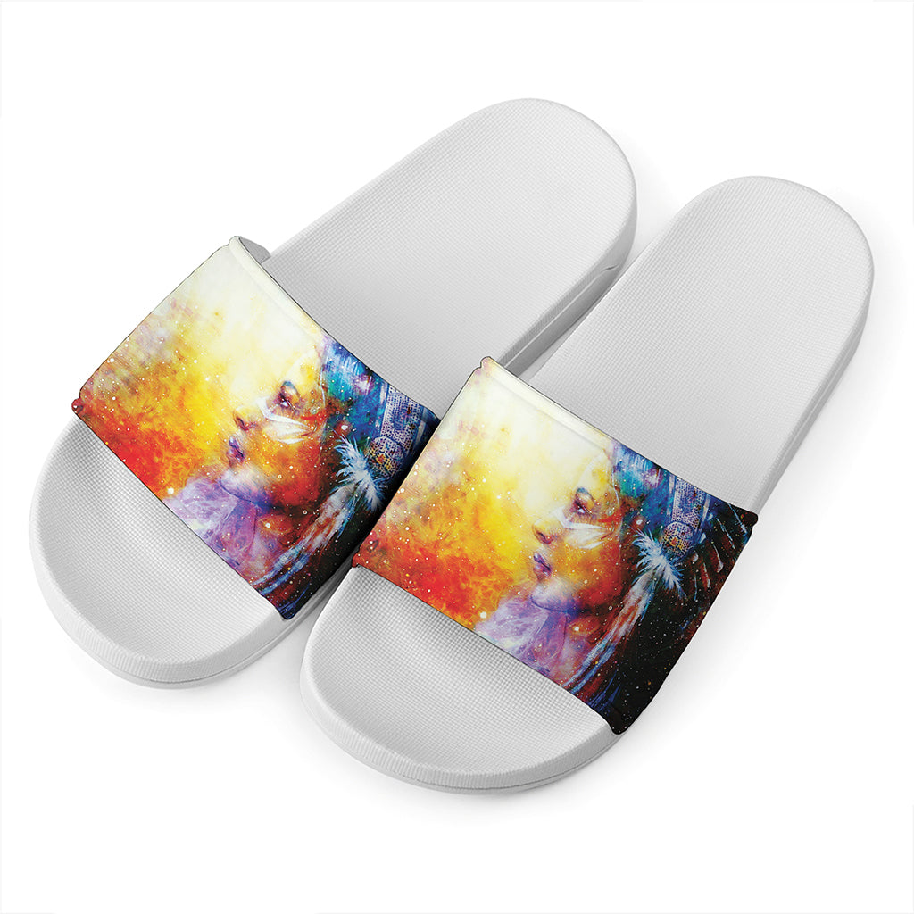 Galaxy Native Indian Woman Print White Slide Sandals