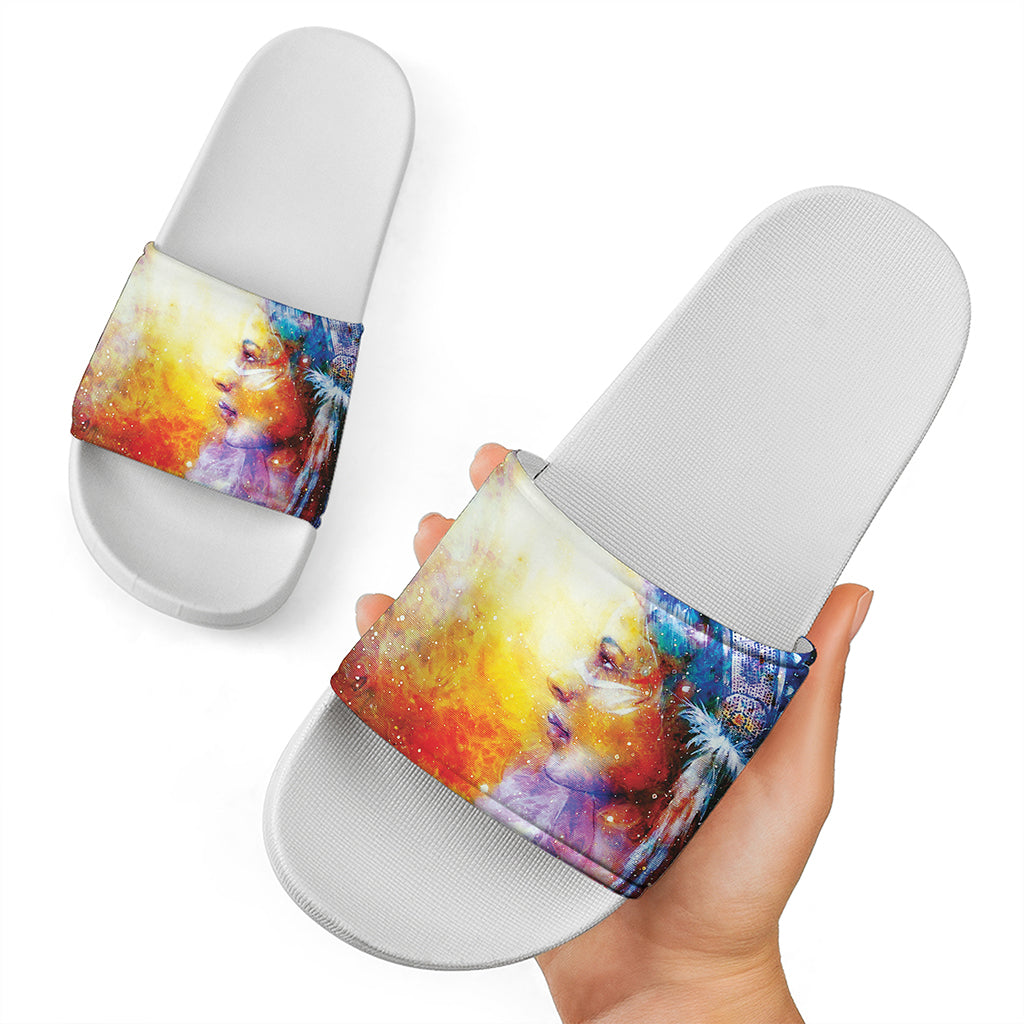 Galaxy Native Indian Woman Print White Slide Sandals