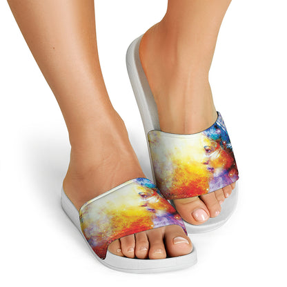 Galaxy Native Indian Woman Print White Slide Sandals