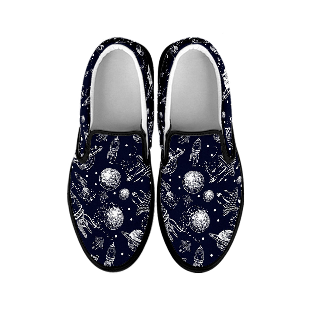 Galaxy UFO Pattern Print Black Slip On Shoes