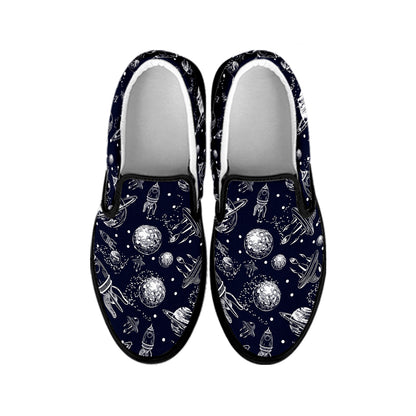 Galaxy UFO Pattern Print Black Slip On Shoes