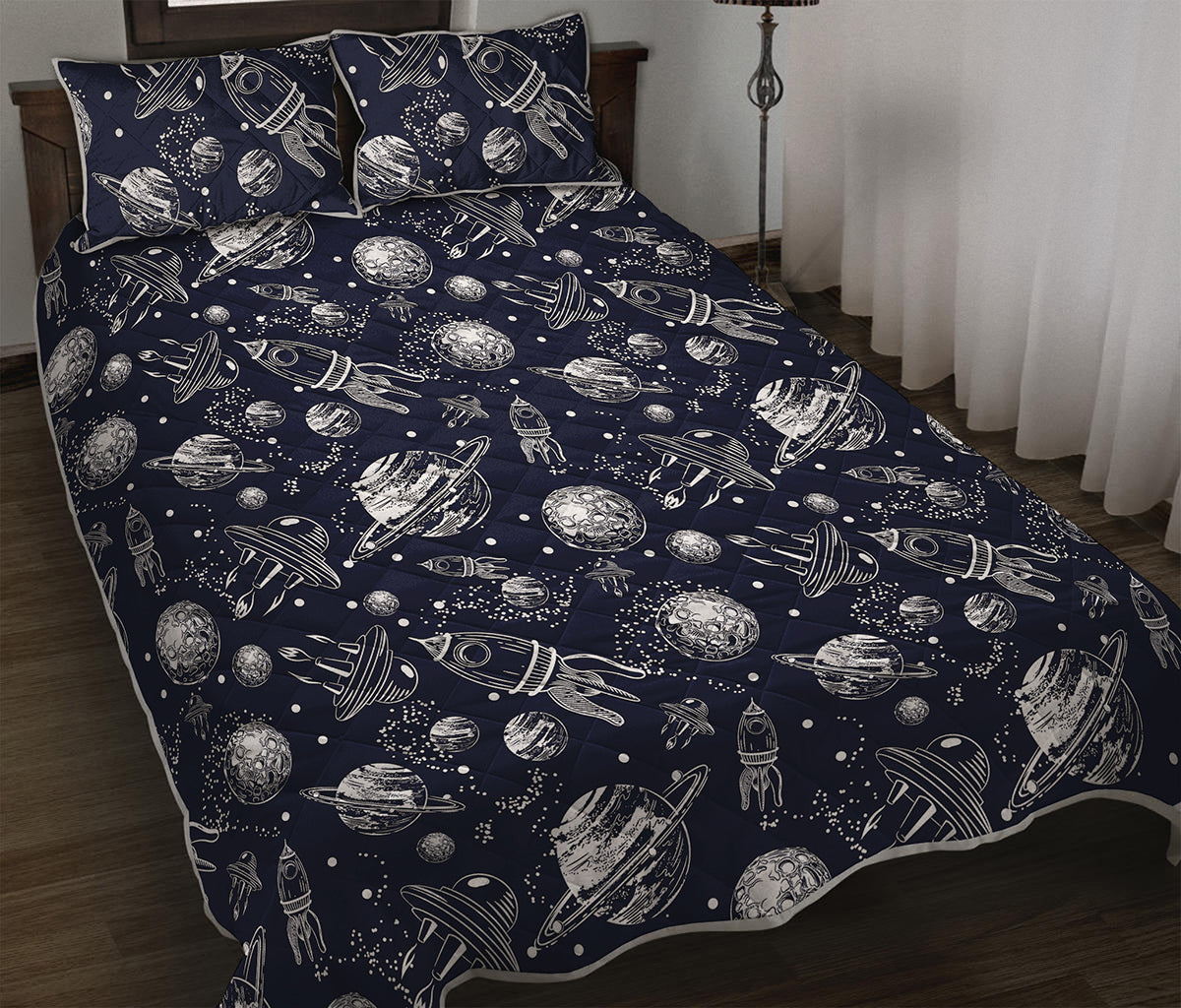 Galaxy UFO Pattern Print Quilt Bed Set