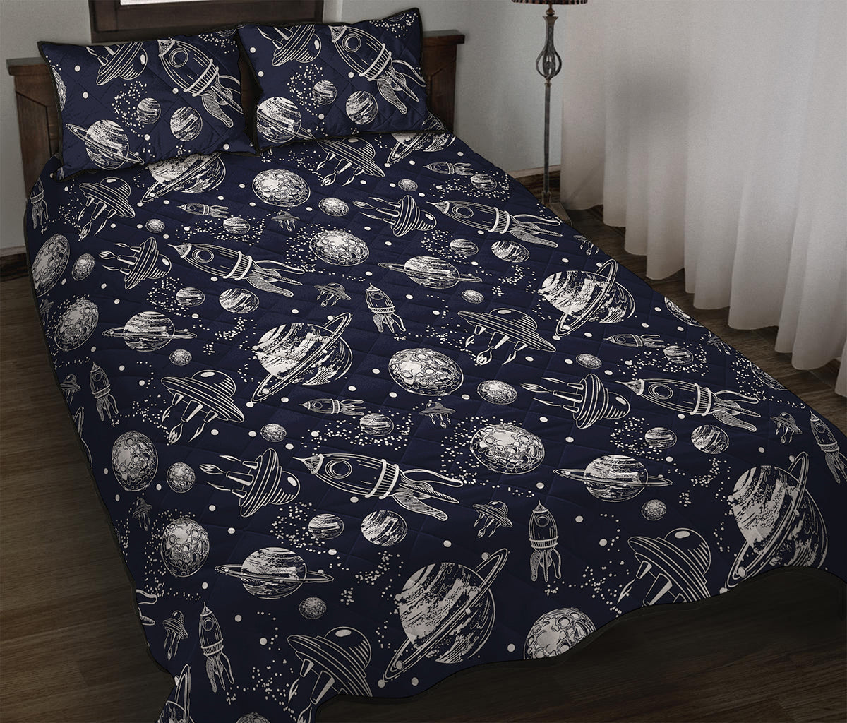 Galaxy UFO Pattern Print Quilt Bed Set