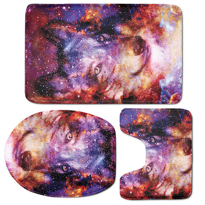 Galaxy Wolf Portrait Print 3 Piece Bath Mat Set