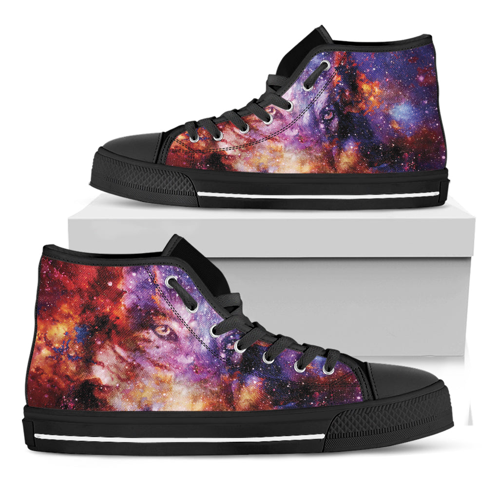 Galaxy Wolf Portrait Print Black High Top Shoes