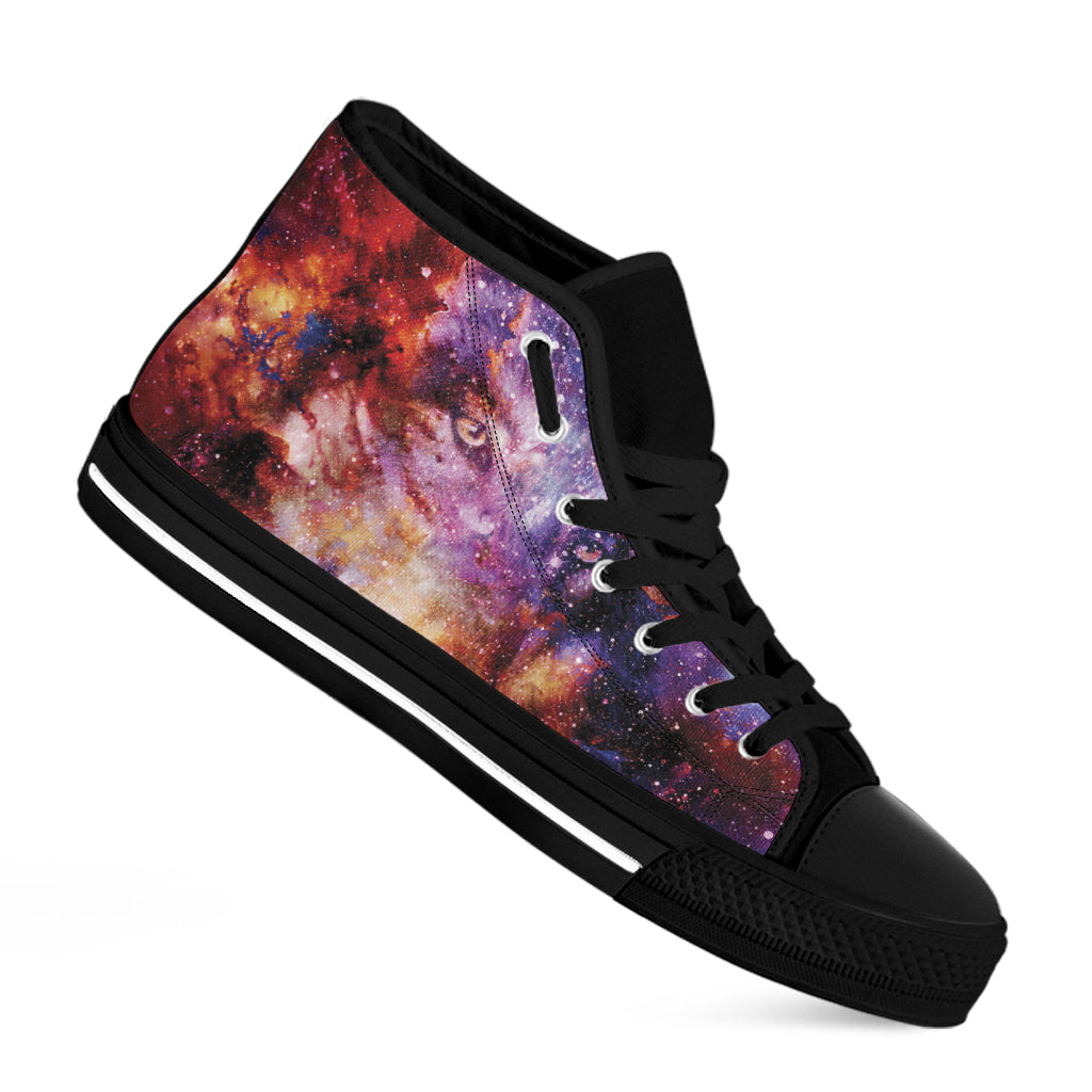 Galaxy Wolf Portrait Print Black High Top Shoes