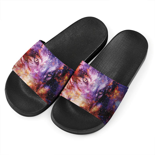 Galaxy Wolf Portrait Print Black Slide Sandals