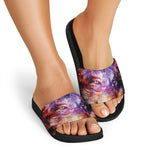 Galaxy Wolf Portrait Print Black Slide Sandals