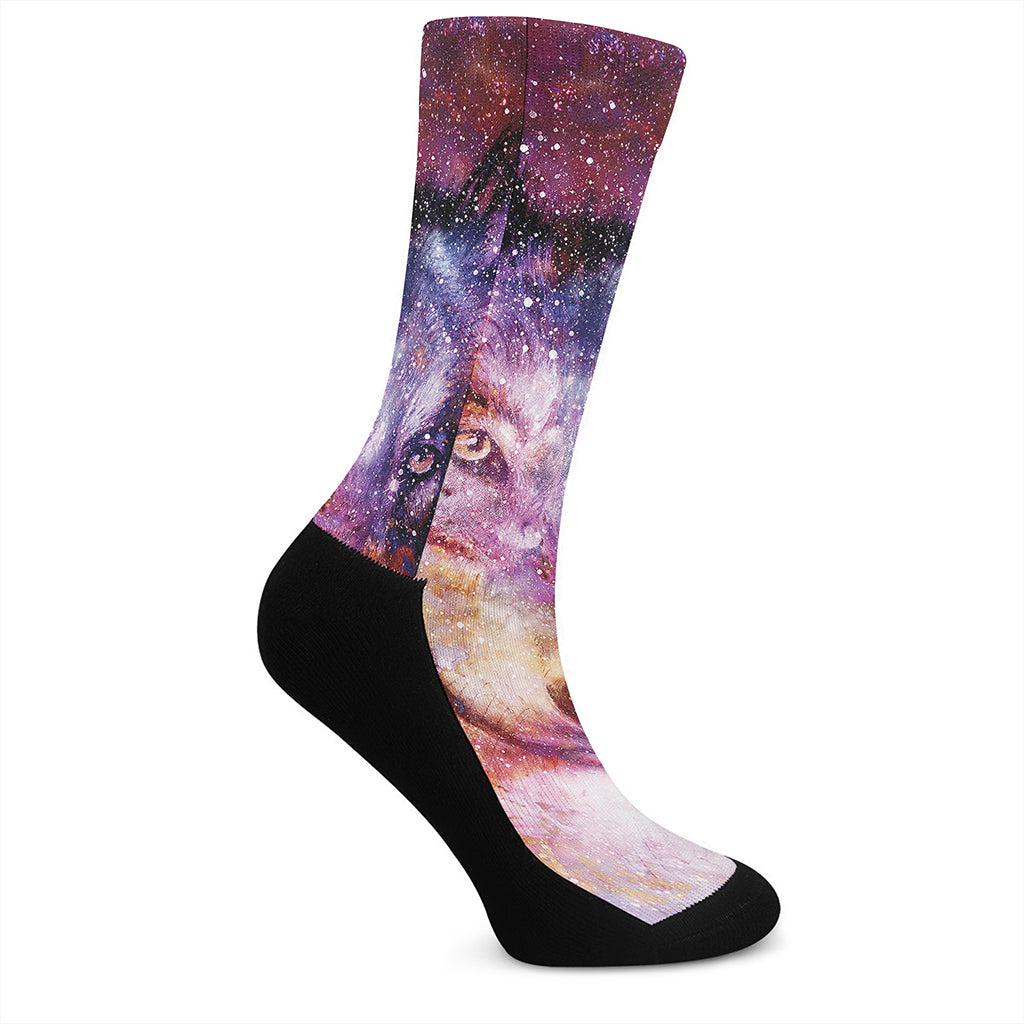Galaxy Wolf Portrait Print Crew Socks