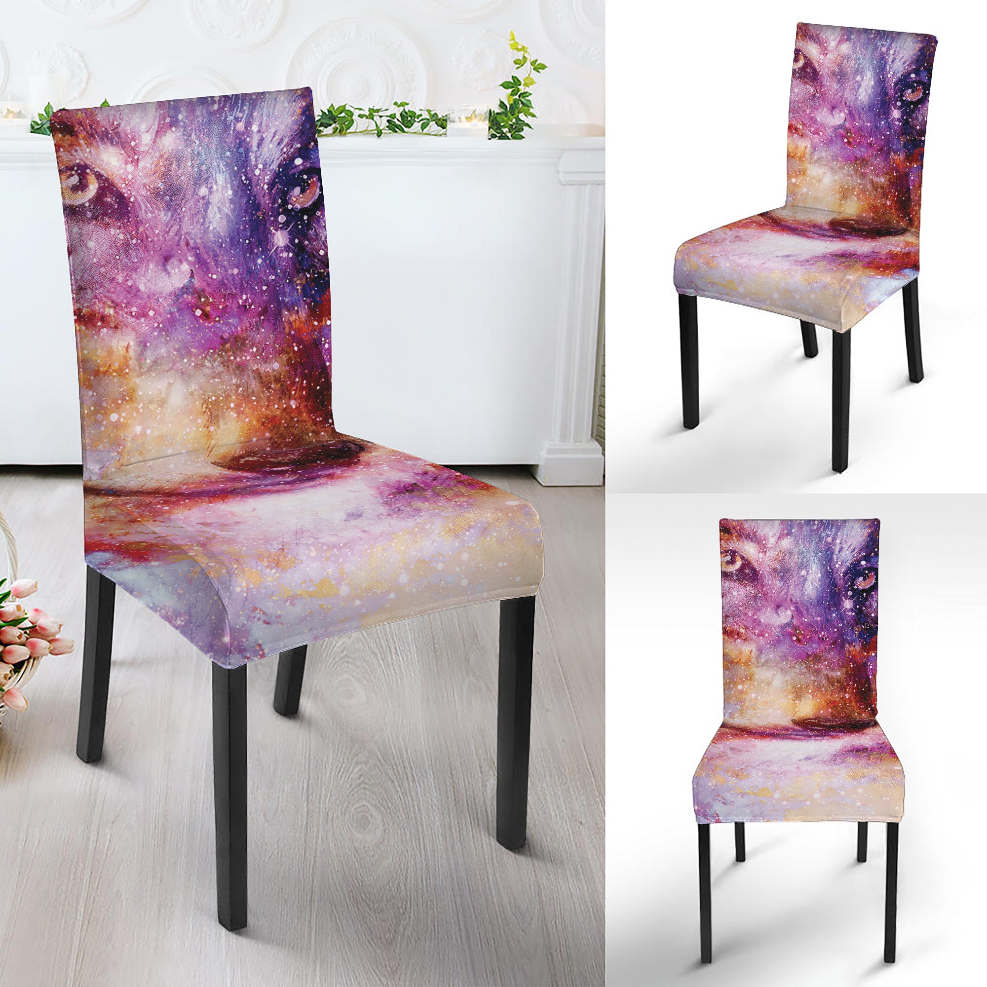 Galaxy Wolf Portrait Print Dining Chair Slipcover