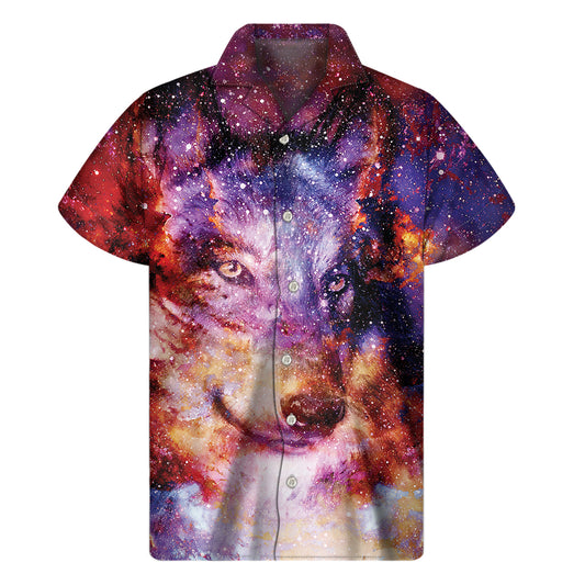 Galaxy Wolf Portrait Print Men's Short Sleeve Shirt