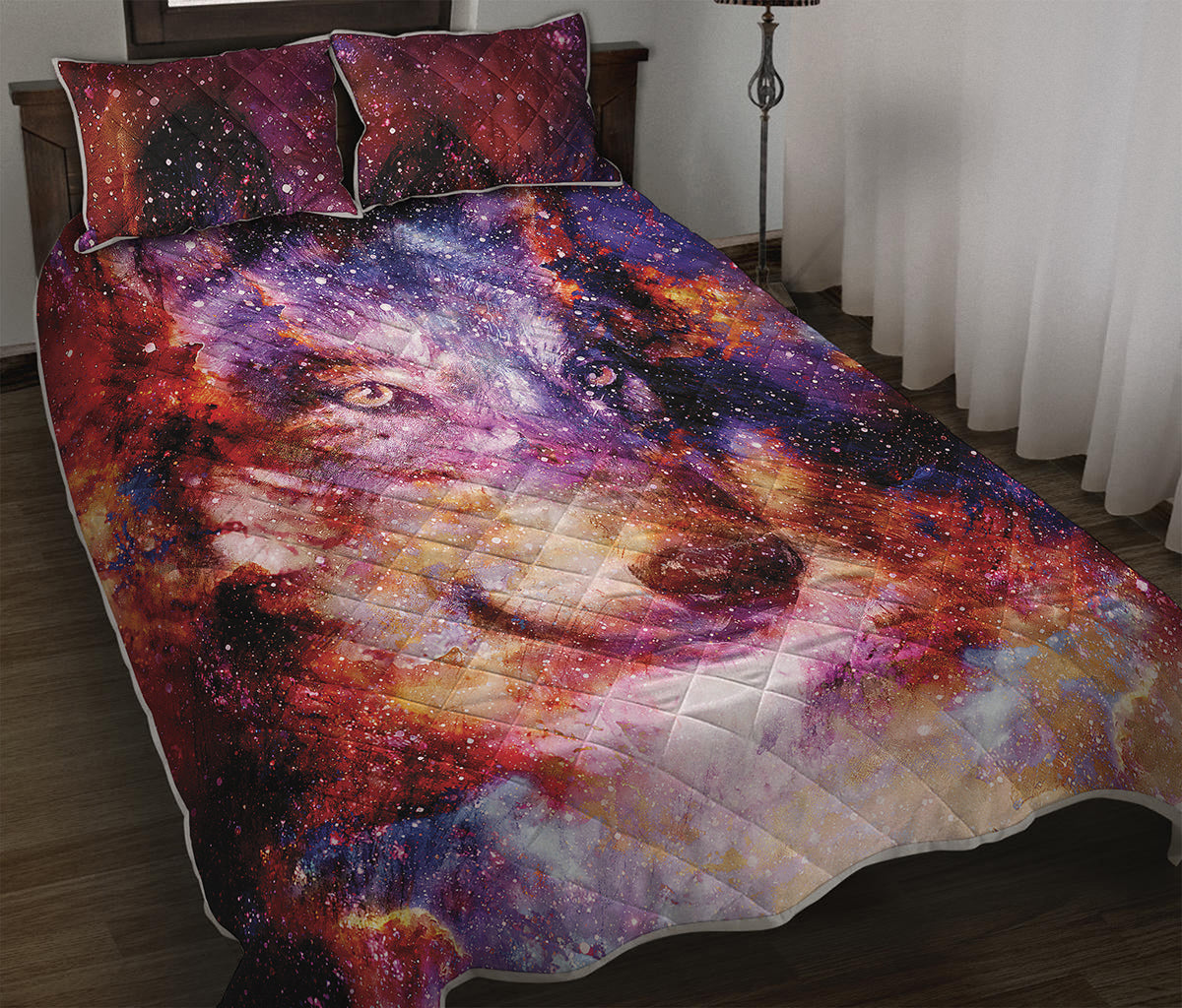 Galaxy Wolf Portrait Print Quilt Bed Set