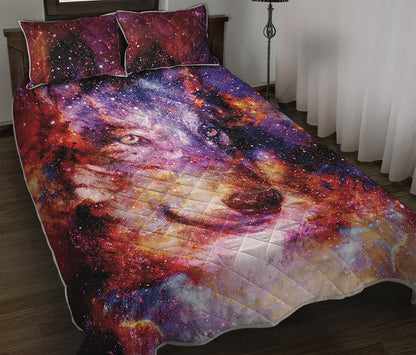 Galaxy Wolf Portrait Print Quilt Bed Set