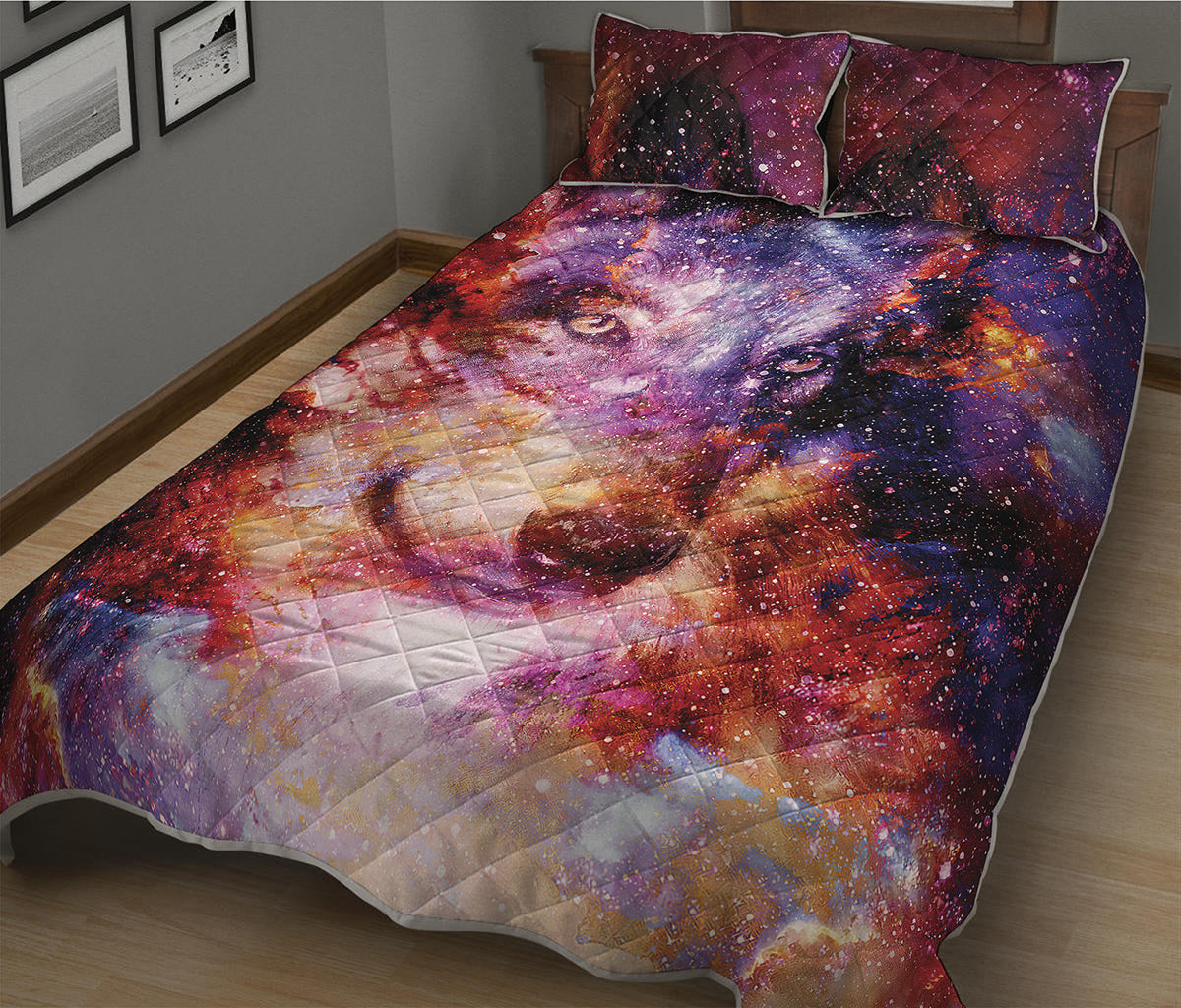 Galaxy Wolf Portrait Print Quilt Bed Set