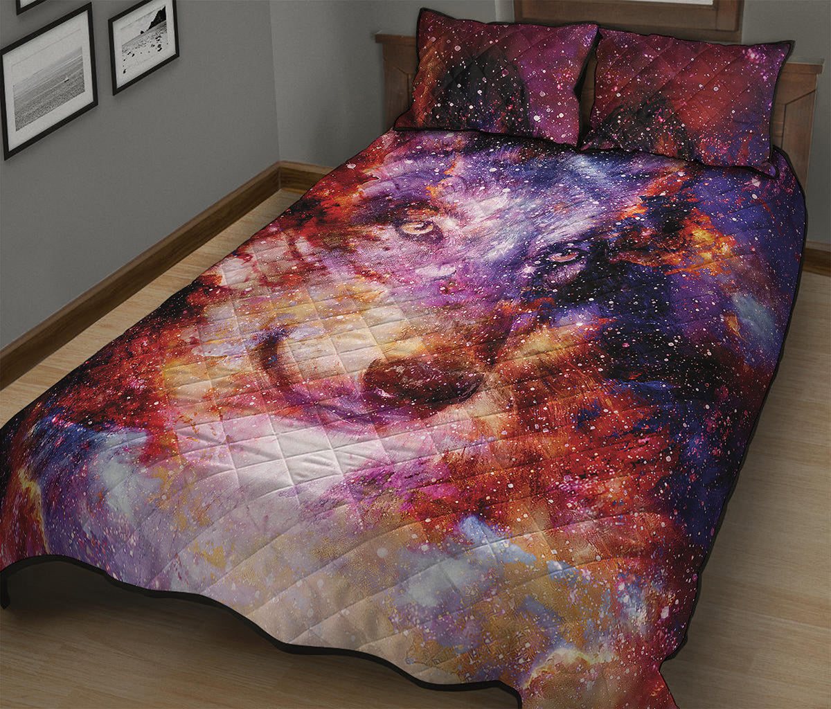Galaxy Wolf Portrait Print Quilt Bed Set