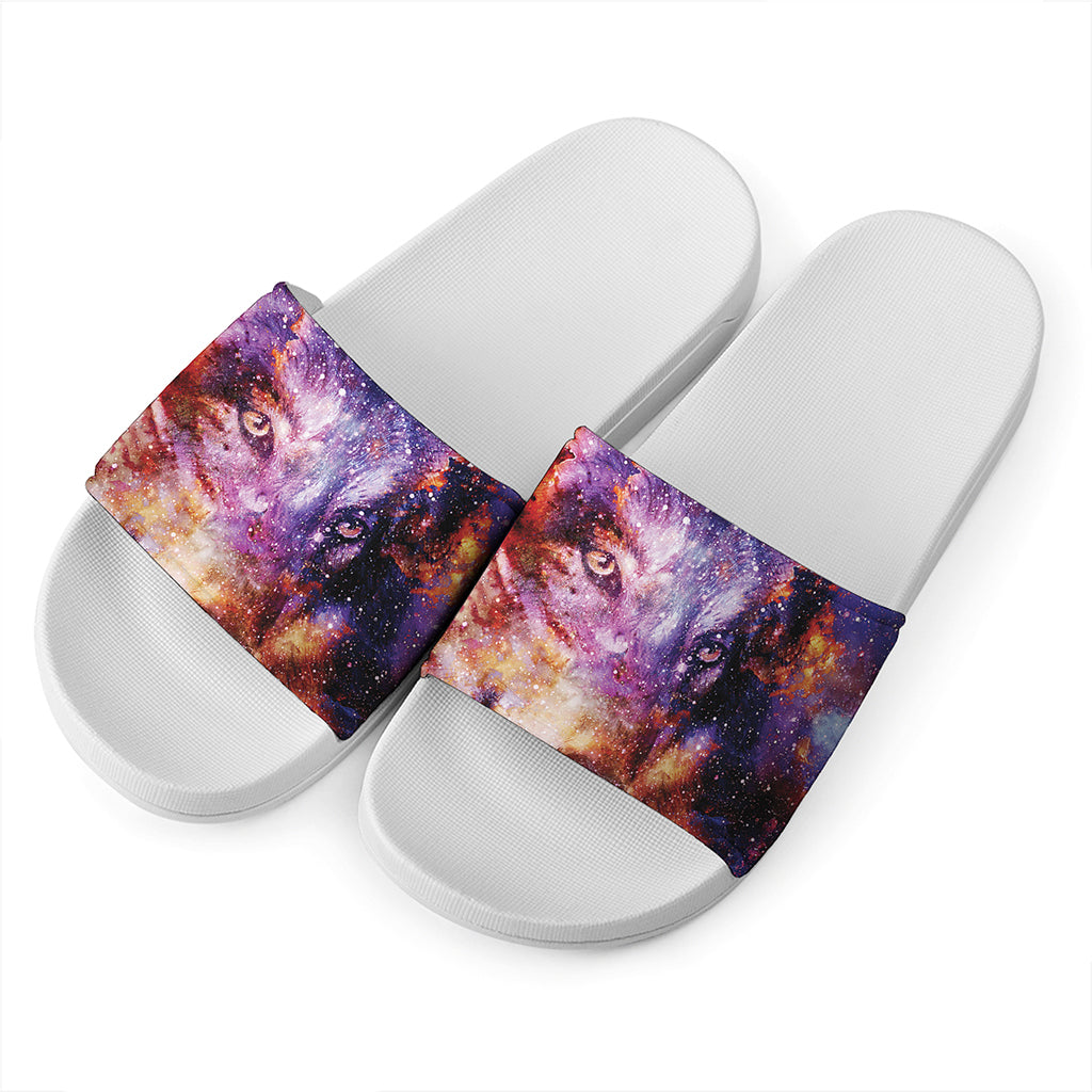 Galaxy Wolf Portrait Print White Slide Sandals