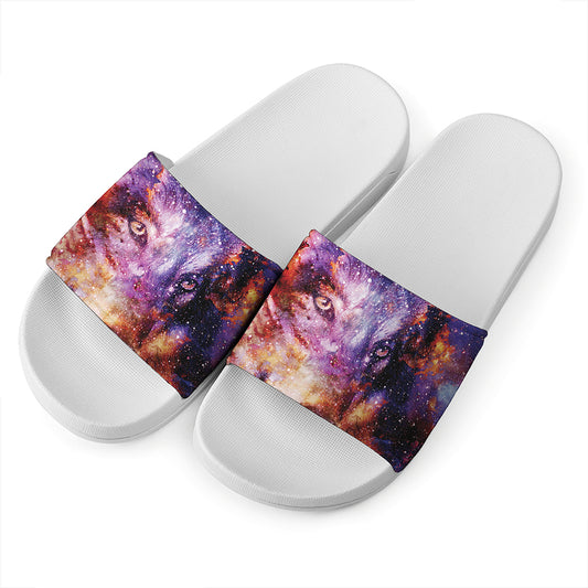 Galaxy Wolf Portrait Print White Slide Sandals